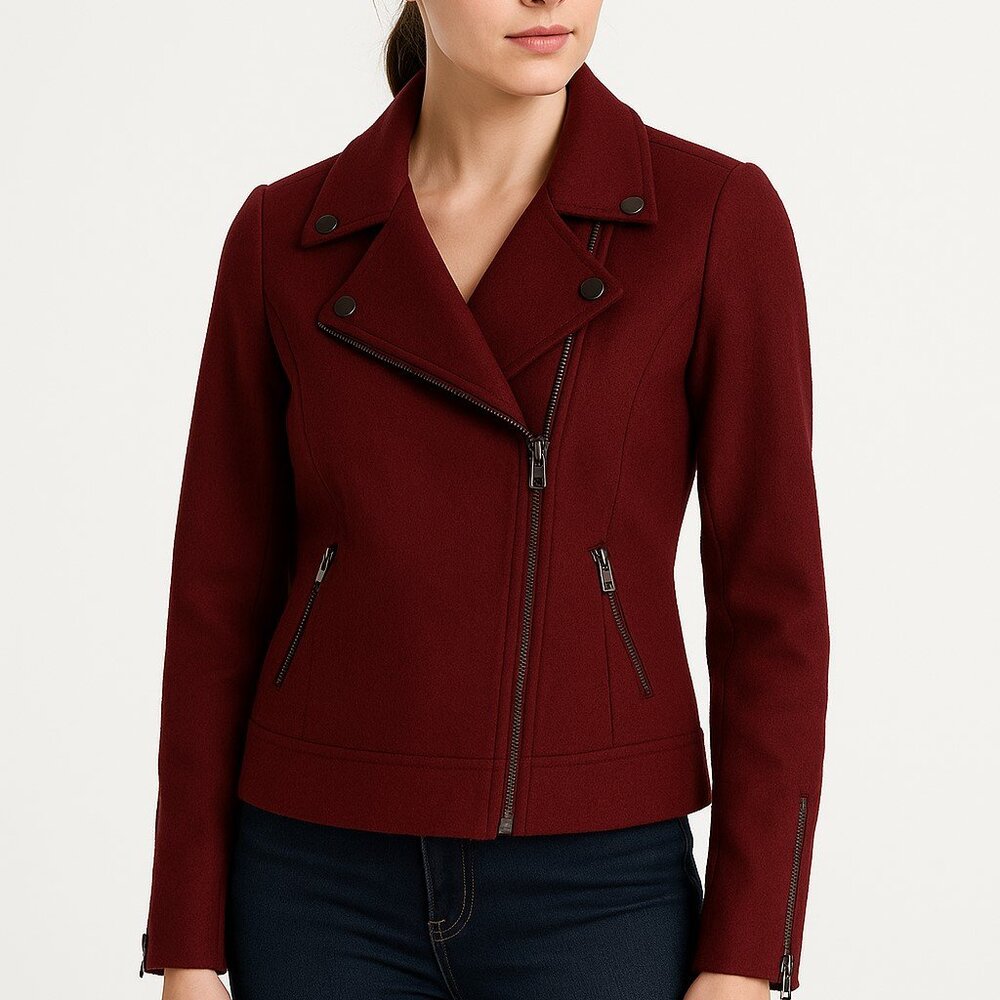 Banana Republic Factory Deep Red Wool Blend Zip Front Moto Style Jacket Biker